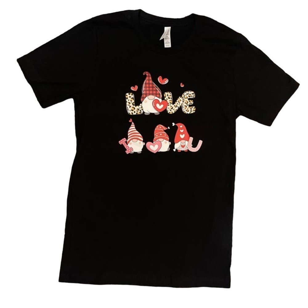 Gnome Love T-Shirt Unisex Small Black with Gnome Hearts Graphic Casual‎ Cute NEW